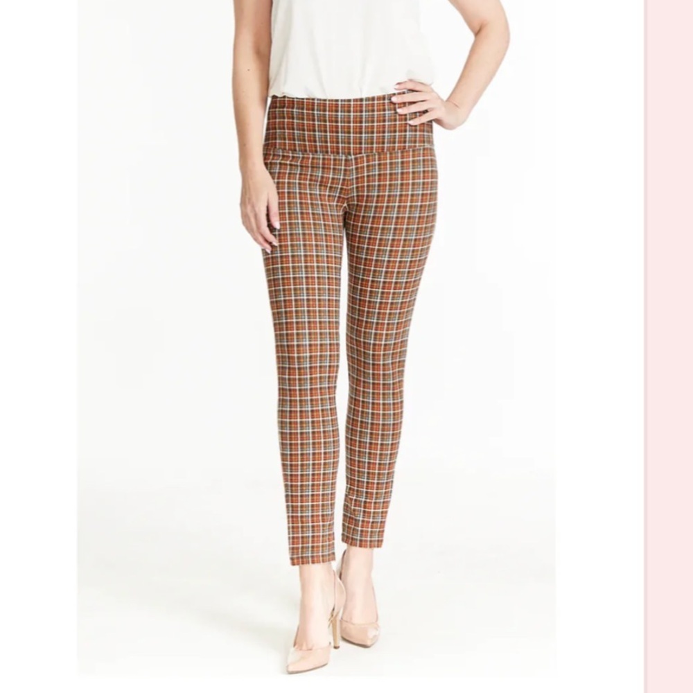 NWT Slim-Sation Brown Plaid Wide Band Pull-On Ankle Leggings Size Small
